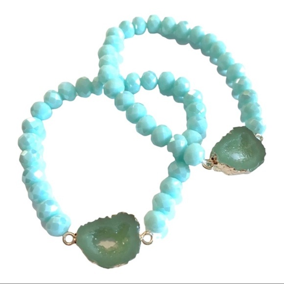 Beaded Druzy Stone Stretch Bracelet - Turquoise Blue / Mint - Picture 2 of 3